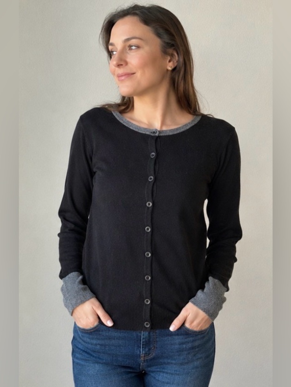 CAROL ROSE BLACK CARDIGAN WITH GRAY TRIM